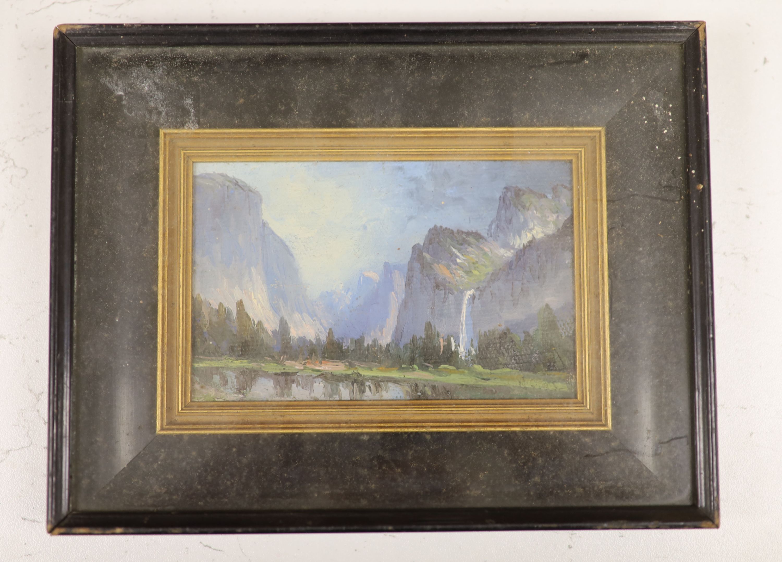 Arthur W. Best (American, 1859-1935), oil on canvas, 'Yossemite Valley, San Francisco', inscribed verso and dated 1912, 8 x 13cm. Condition - fair